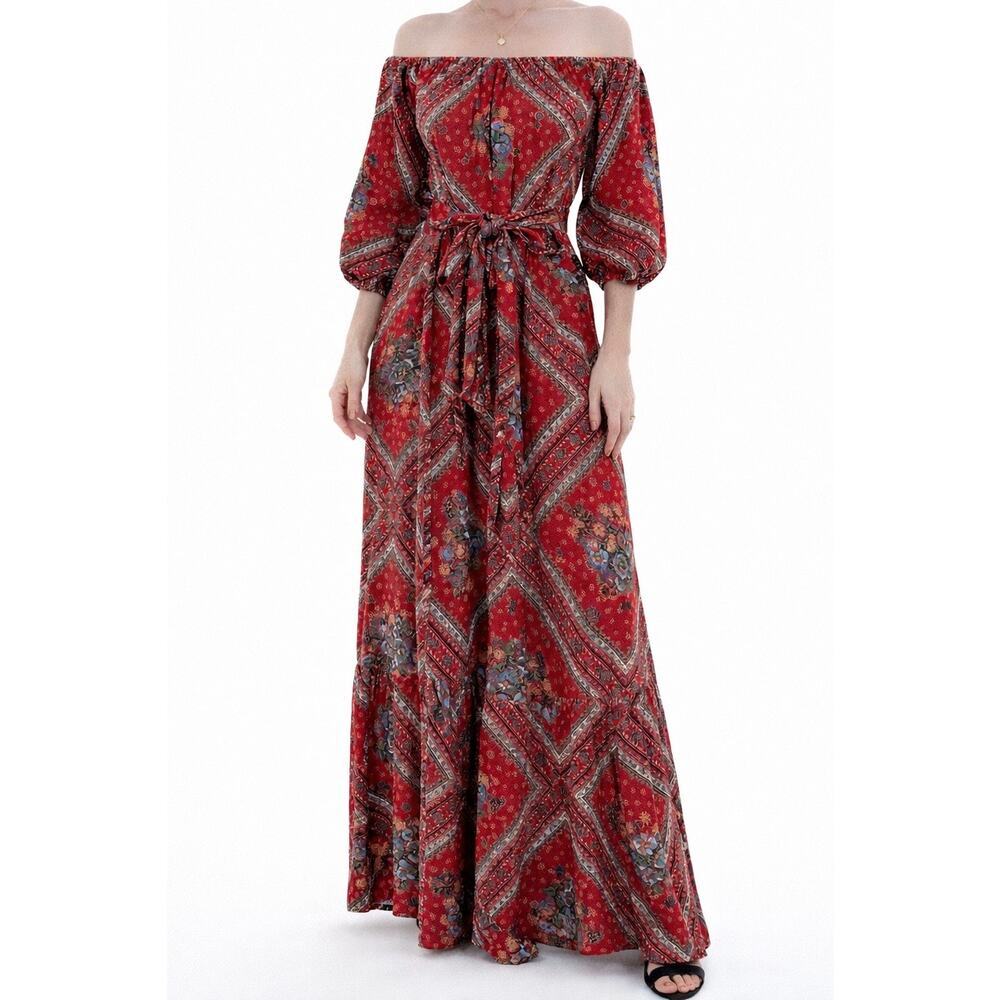 Women’s Boho Red Paisley Maxi Dress Off Shoulder Tie Waist Festival Size S